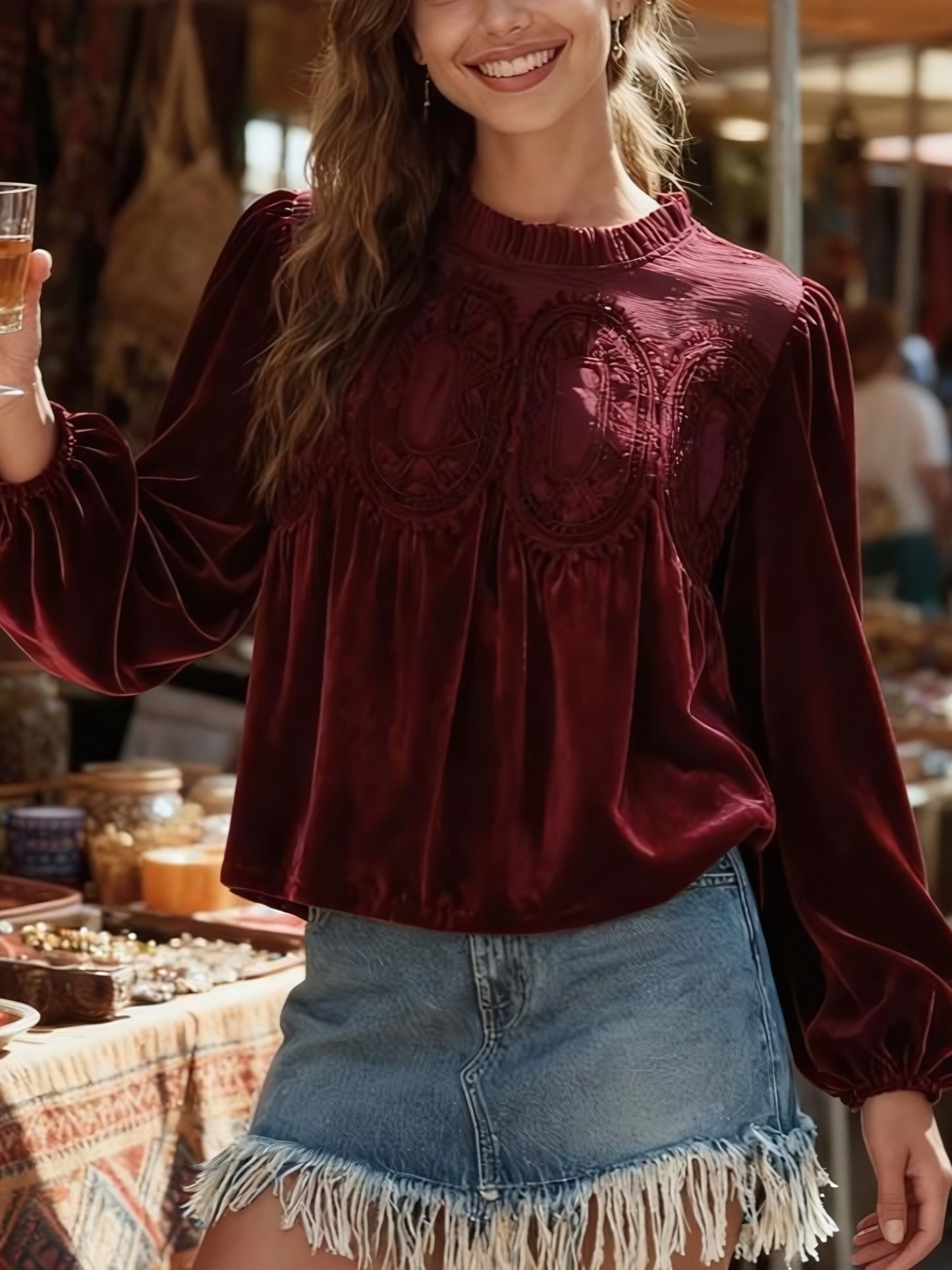 Women's Long Sleeve Velvet Trim Lace Blouse Elegant Flared Swing Top