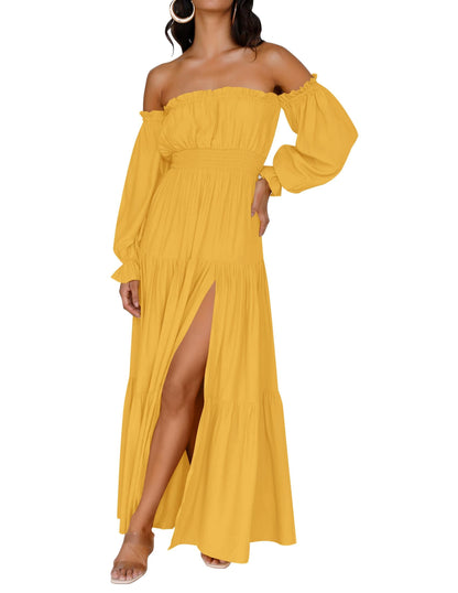 Women's Boho Off Shoulder Long Sleeve Side Split Flowy A Line Long Maxi Dress