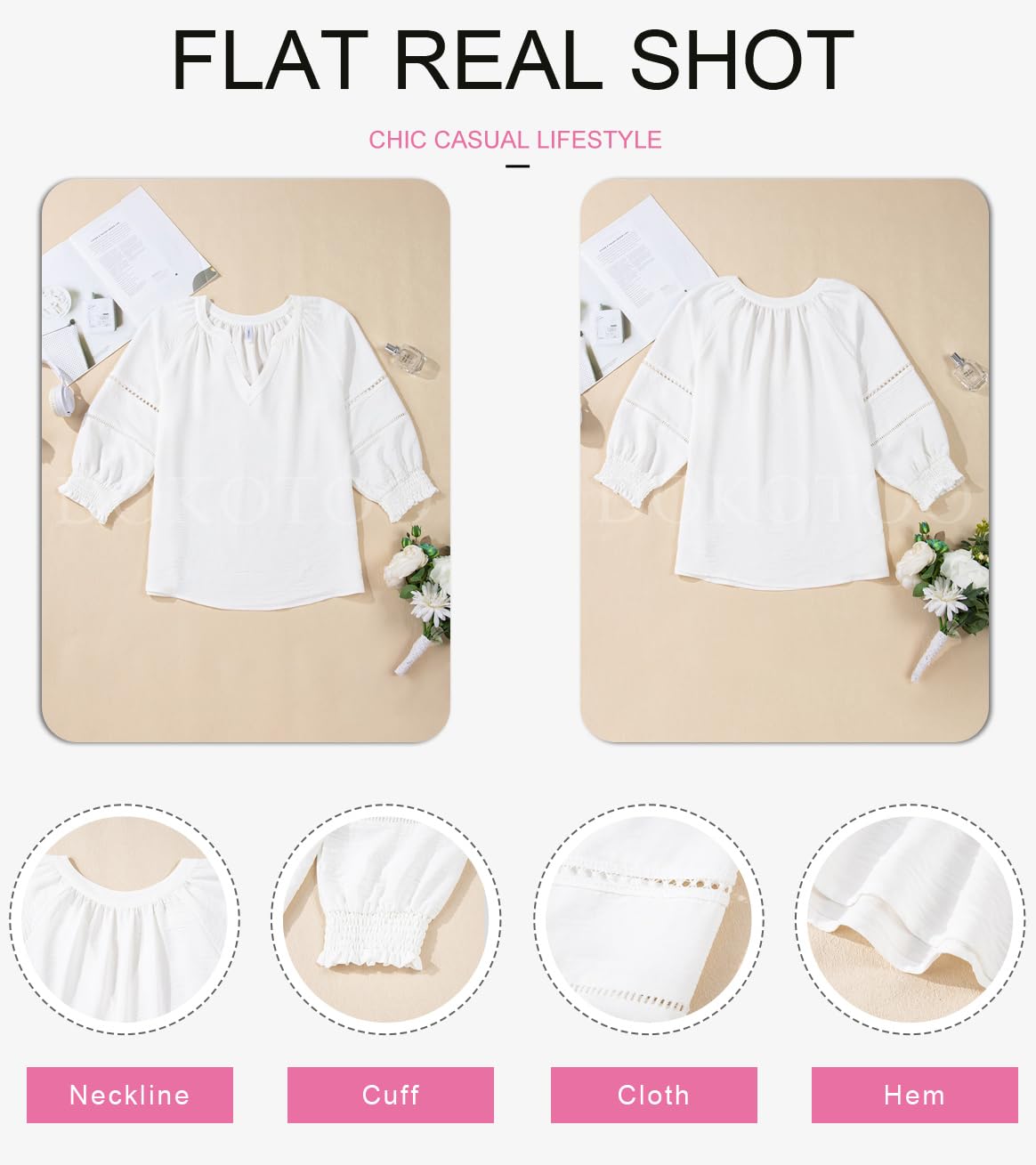Womens Tops 3/4 Lantern Sleeve V-Neck  Pleated Loose Tunic Hollow-Out Blouse