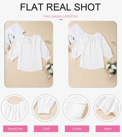 Womens Tops 3/4 Lantern Sleeve V-Neck  Pleated Loose Tunic Hollow-Out Blouse
