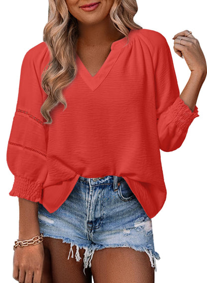 Womens Tops 3/4 Lantern Sleeve V-Neck  Pleated Loose Tunic Hollow-Out Blouse