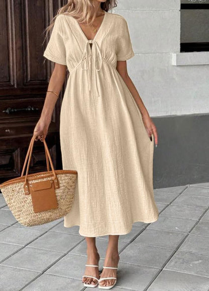 Women's V-Neck Tie Waist Short Sleeve Midi Dress with Pockets