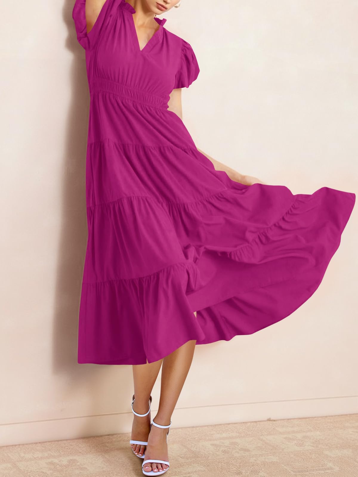 Womens Puff Short Sleeve V Neck Flowy Tiered Beach A-Line Dresses
