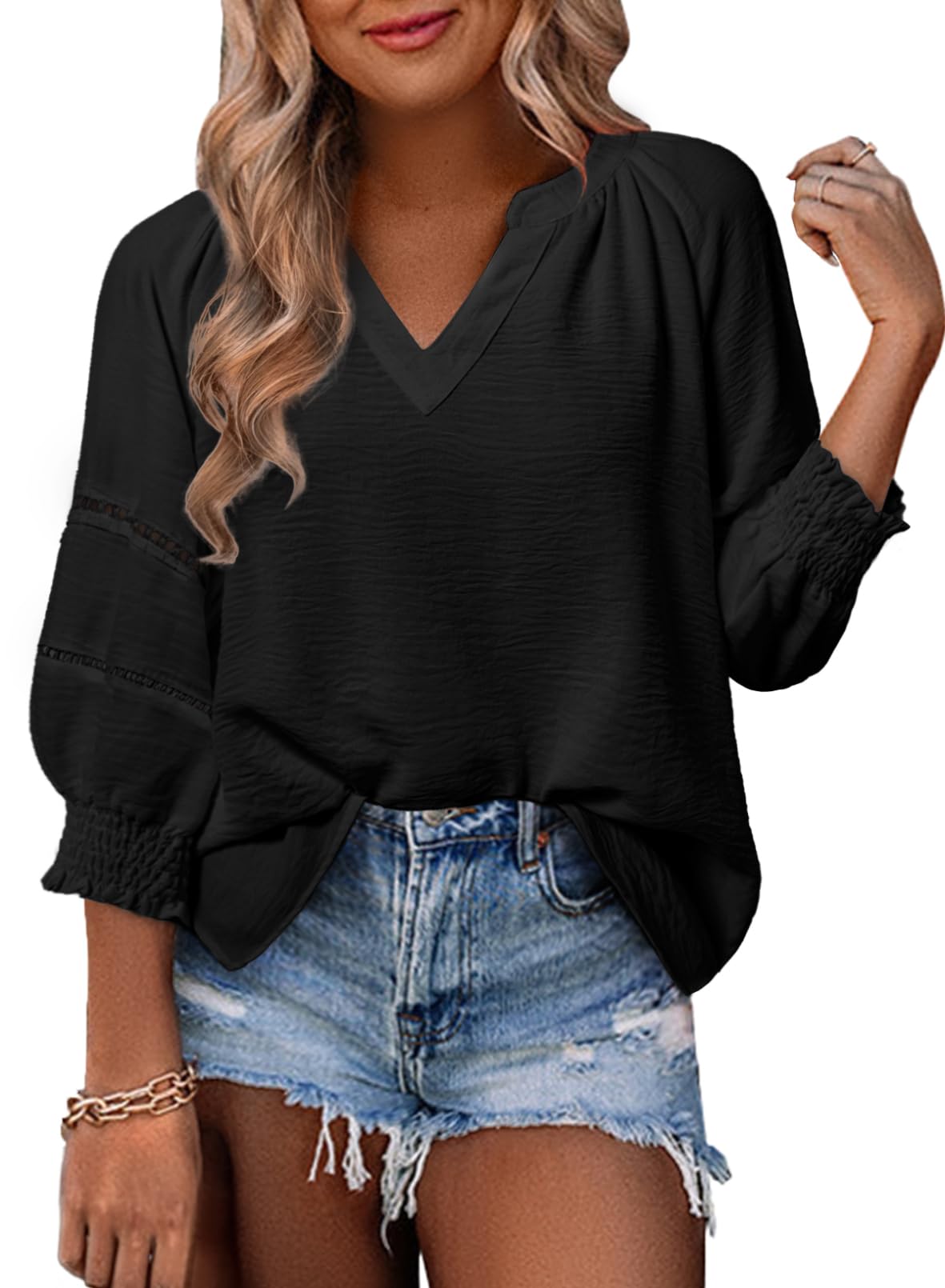 Womens Tops 3/4 Lantern Sleeve V-Neck  Pleated Loose Tunic Hollow-Out Blouse
