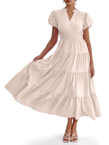 Womens Puff Short Sleeve V Neck Flowy Tiered Beach A-Line Dresses