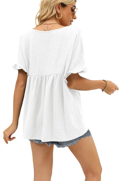 Womens Casual V Neck Ruffle Sleeve T Shirts Babydoll Loose Fit Peplum Tops