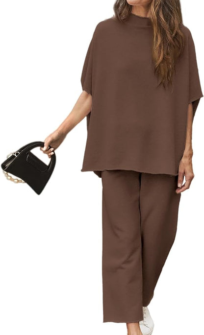 2026 Women's Casual Batwing Sleeve Pullover Top and Wide Leg Set