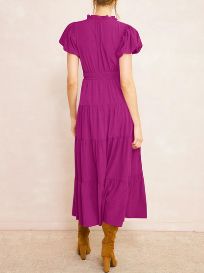 Womens Puff Short Sleeve V Neck Flowy Tiered Beach A-Line Dresses