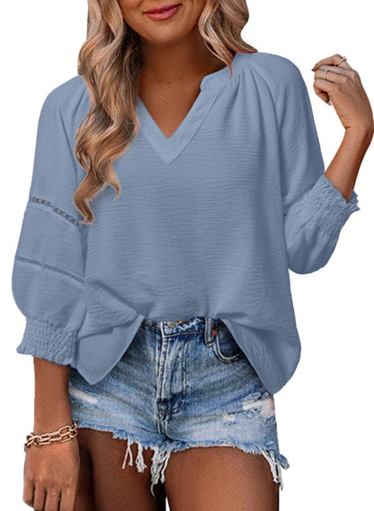 Womens Tops 3/4 Lantern Sleeve V-Neck  Pleated Loose Tunic Hollow-Out Blouse