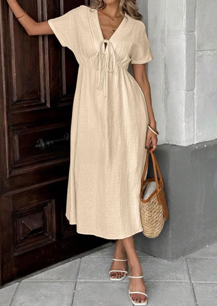 Women's V-Neck Tie Waist Short Sleeve Midi Dress with Pockets