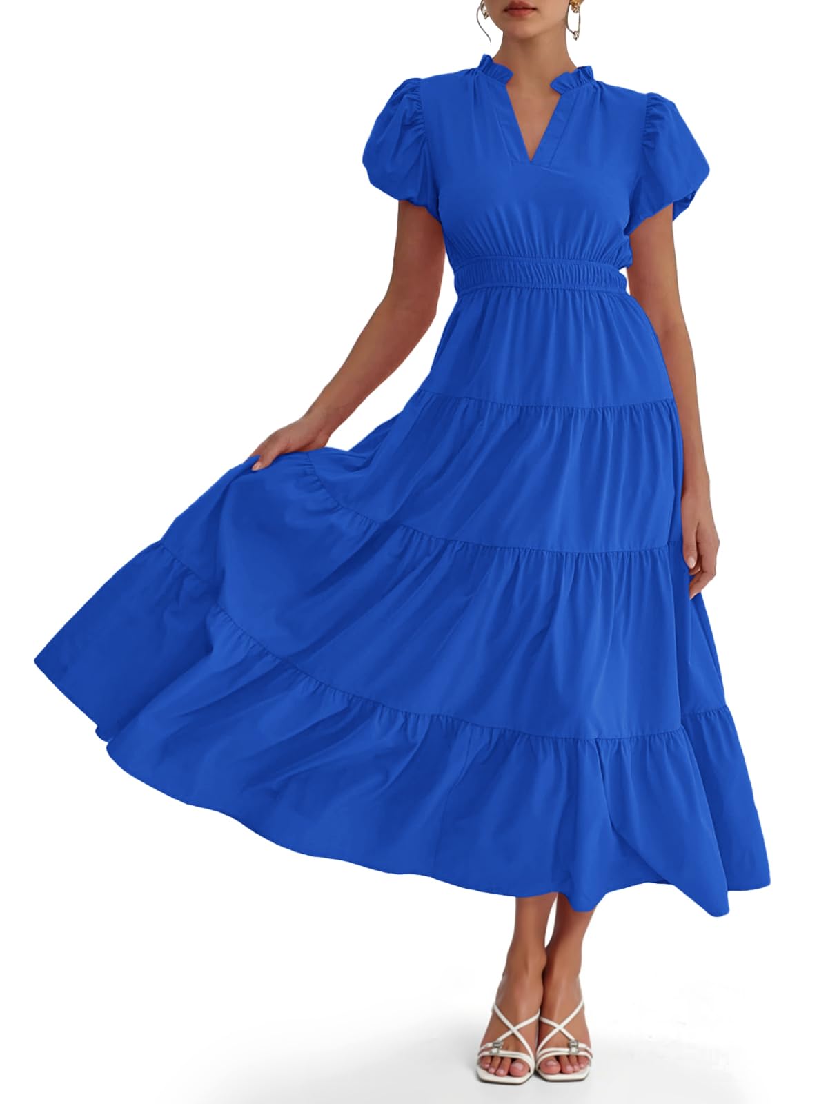 Womens Puff Short Sleeve V Neck Flowy Tiered Beach A-Line Dresses
