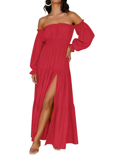Women's Boho Off Shoulder Long Sleeve Side Split Flowy A Line Long Maxi Dress