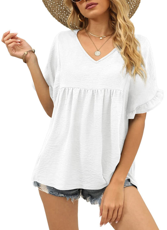 Womens Casual V Neck Ruffle Sleeve T Shirts Babydoll Loose Fit Peplum Tops