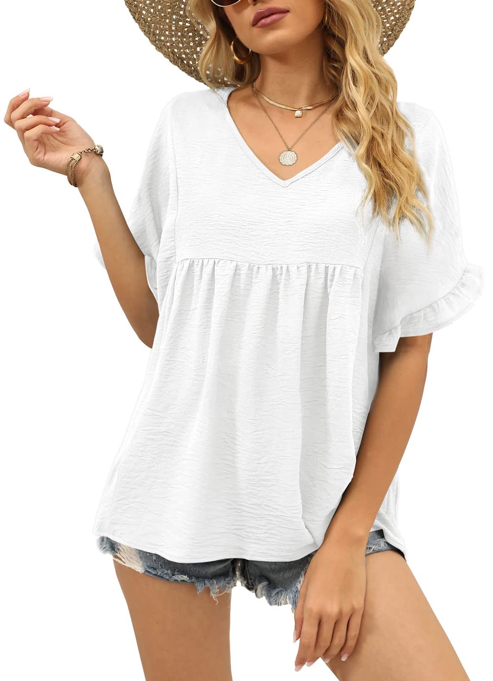 Womens Casual V Neck Ruffle Sleeve T Shirts Babydoll Loose Fit Peplum Tops
