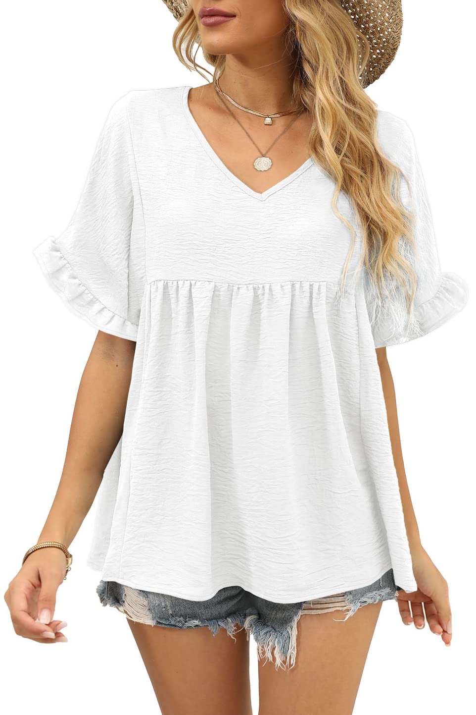 Womens Casual V Neck Ruffle Sleeve T Shirts Babydoll Loose Fit Peplum Tops