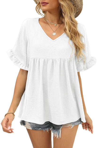 Womens Casual V Neck Ruffle Sleeve T Shirts Babydoll Loose Fit Peplum Tops