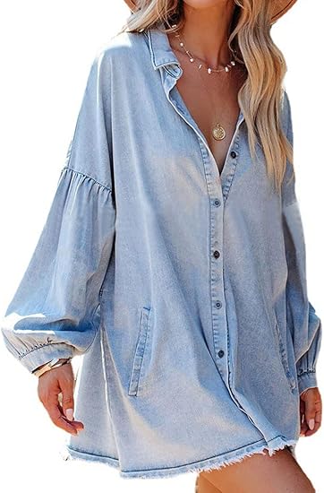 Women's Oversized Distressed Denim Button Down Shirt Flowy  Tunic Dress  with Pockets