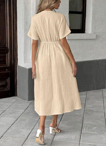 Women's V-Neck Tie Waist Short Sleeve Midi Dress with Pockets