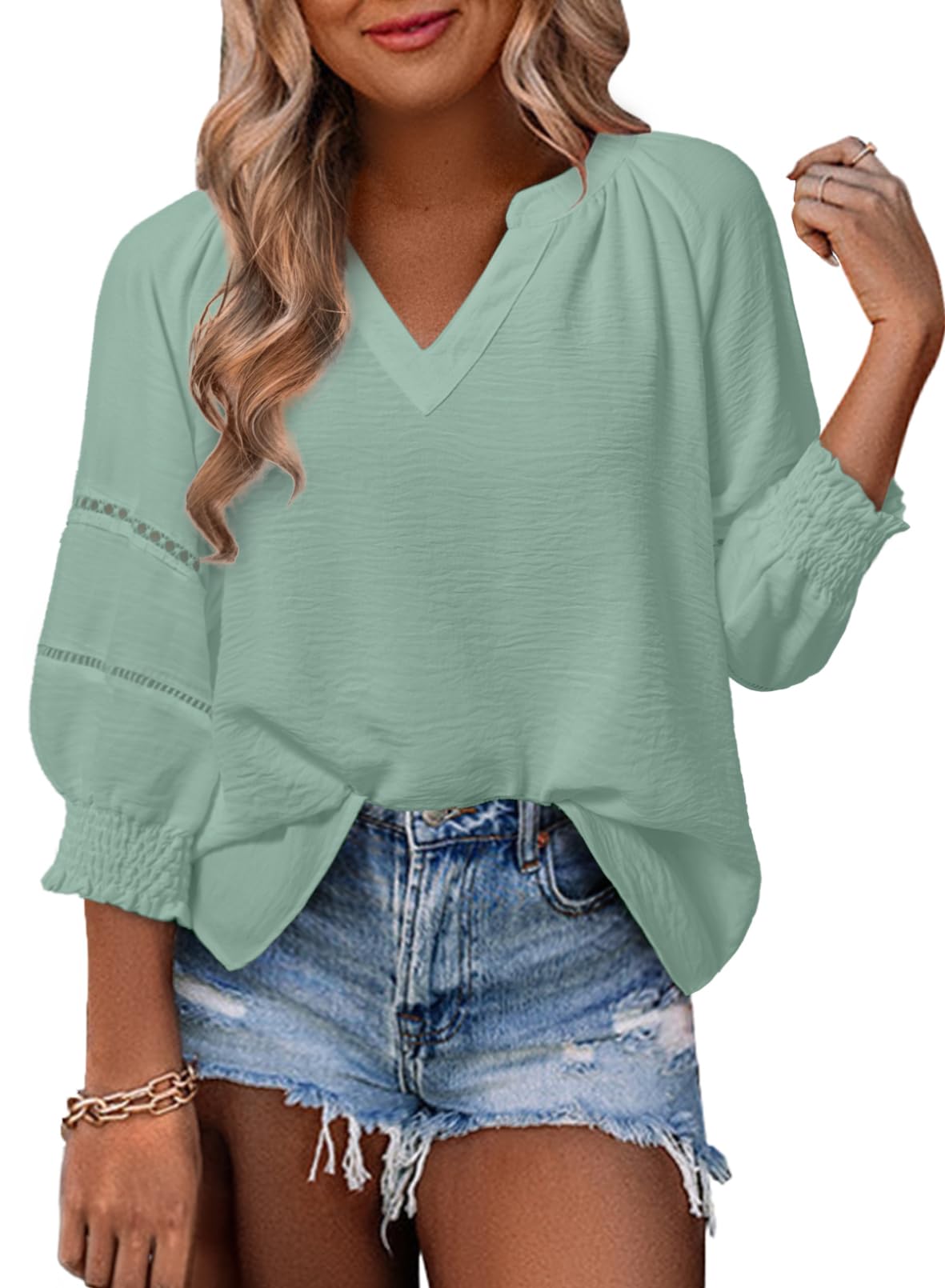 Womens Tops 3/4 Lantern Sleeve V-Neck  Pleated Loose Tunic Hollow-Out Blouse