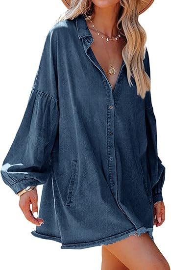 Women's Oversized Distressed Denim Button Down Shirt Flowy  Tunic Dress  with Pockets