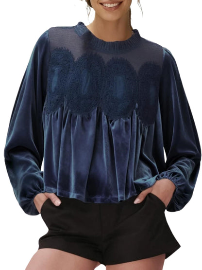 Women's Long Sleeve Velvet Trim Lace Blouse Elegant Flared Swing Top