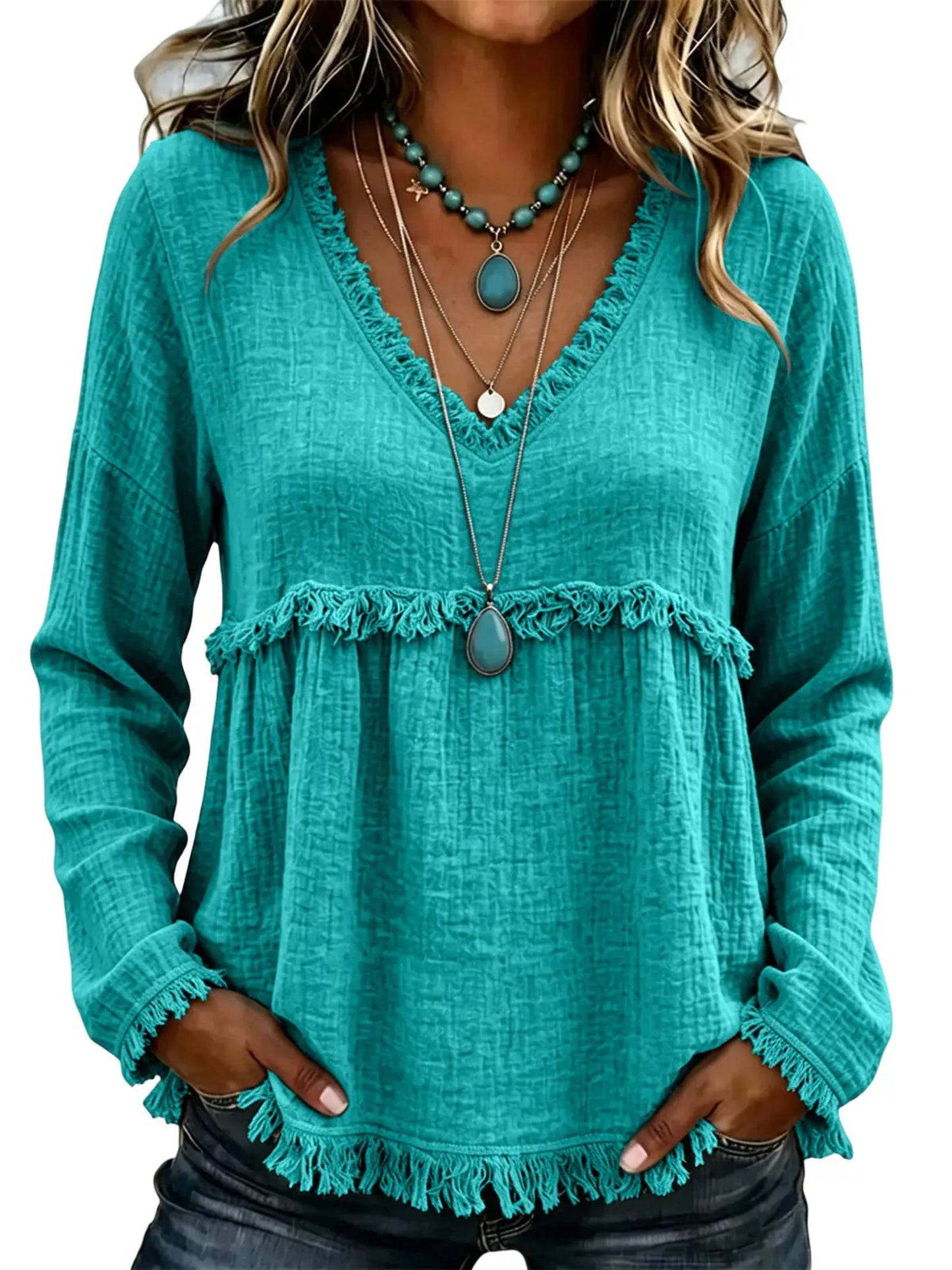 Women Boho Fringe Tassel Blouse V‑Neck Long Sleeve Loose Casual Top