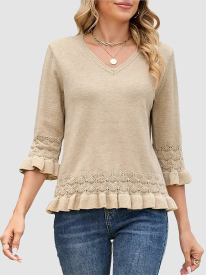 Women V Neck Eyelet Knit Pullover with 3/4 Ruffle Sleeve