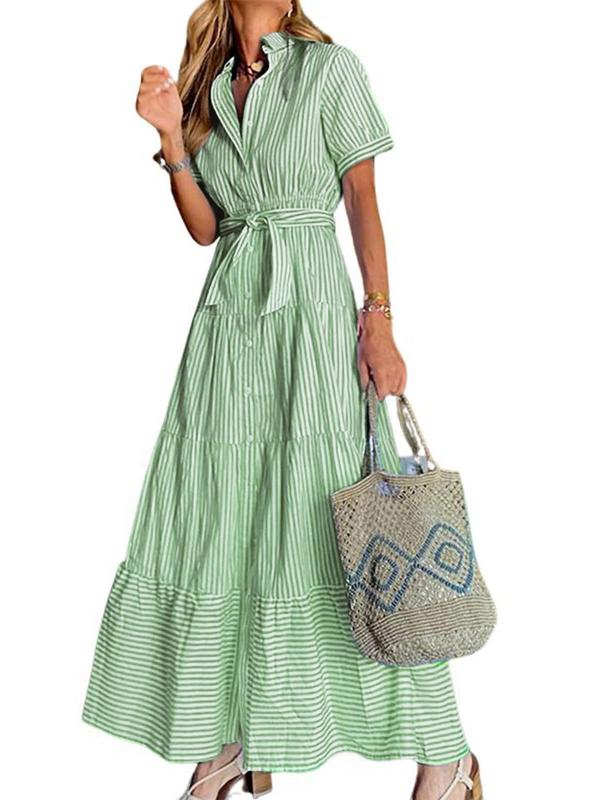 Women Button Down Striped Dress Lapel Collar Short Sleeve Dresses