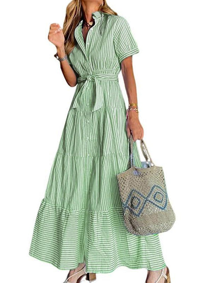Women Button Down Striped Dress Lapel Collar Short Sleeve Dresses