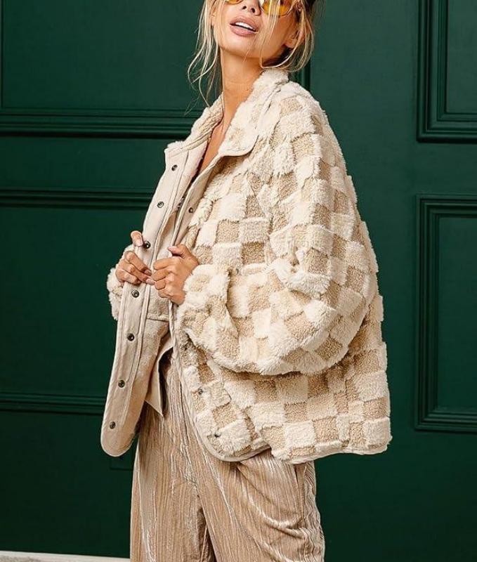 Women's Checkered Fleece Sherpa Jacket