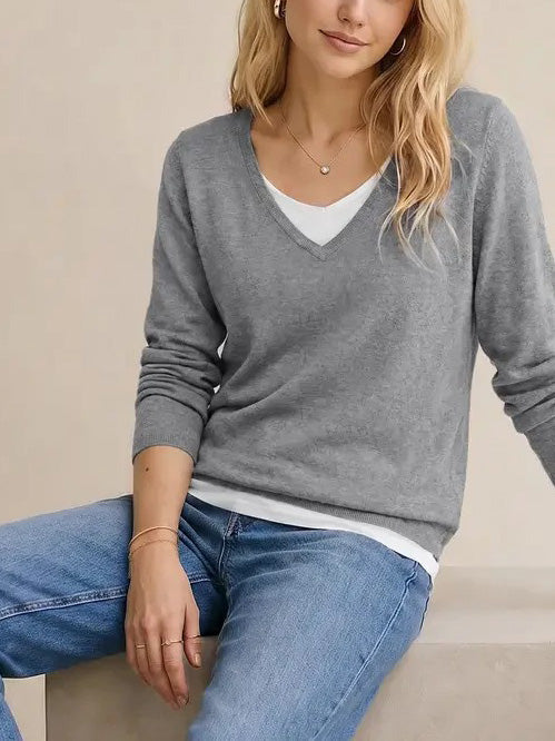 Women's 2 in 1 Patchwork V Neck Casual Sweater Tops Knitwear Long Sleeve