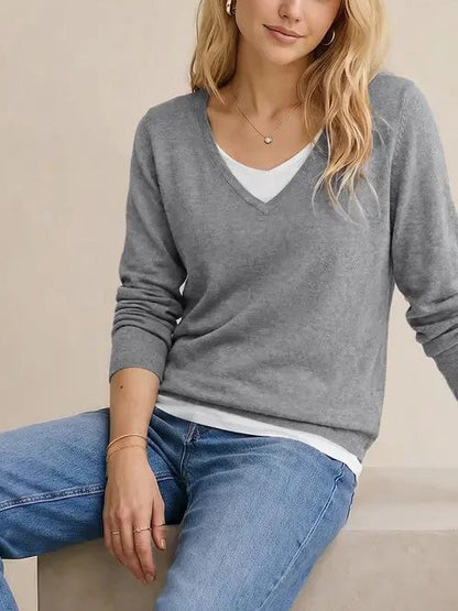 Women's 2 in 1 Patchwork V Neck Casual Sweater Tops Knitwear Long Sleeve