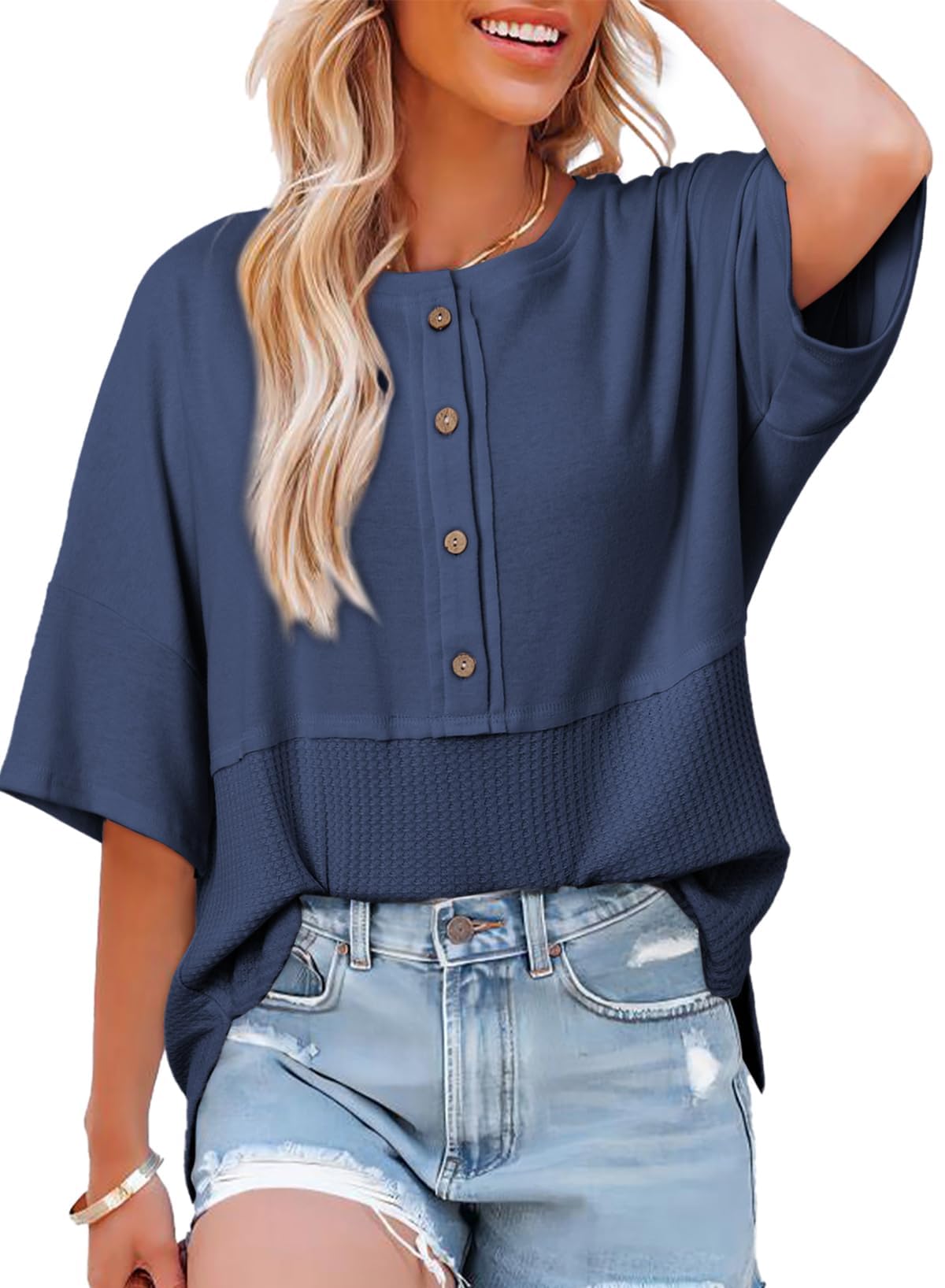 Women's 3/4 Sleeve Casual Button Down Waffle Knit Tops