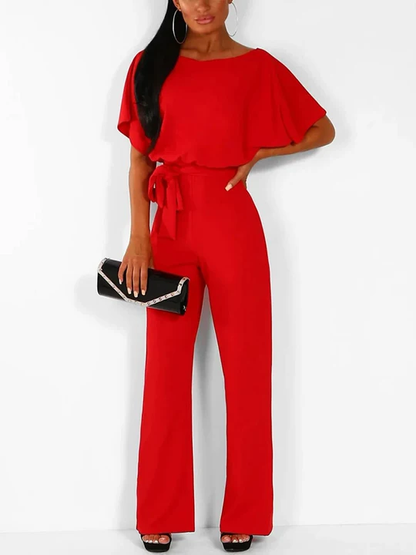 Women Crewneck Tie Waist Jumpsuit Wide Leg Pants