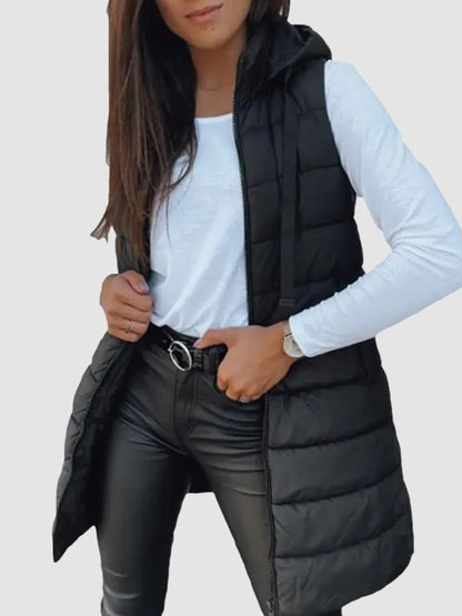 Women Long Hooded Puffer Vest Side Slit Outerwear With Pockets