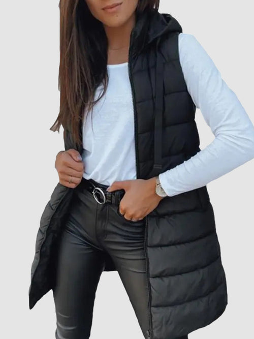 Women Long Hooded Puffer Vest Side Slit Outerwear With Pockets