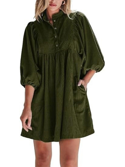 Women Corduroy Half Button Puff Sleeve Babydoll Mini Dress With Pockets