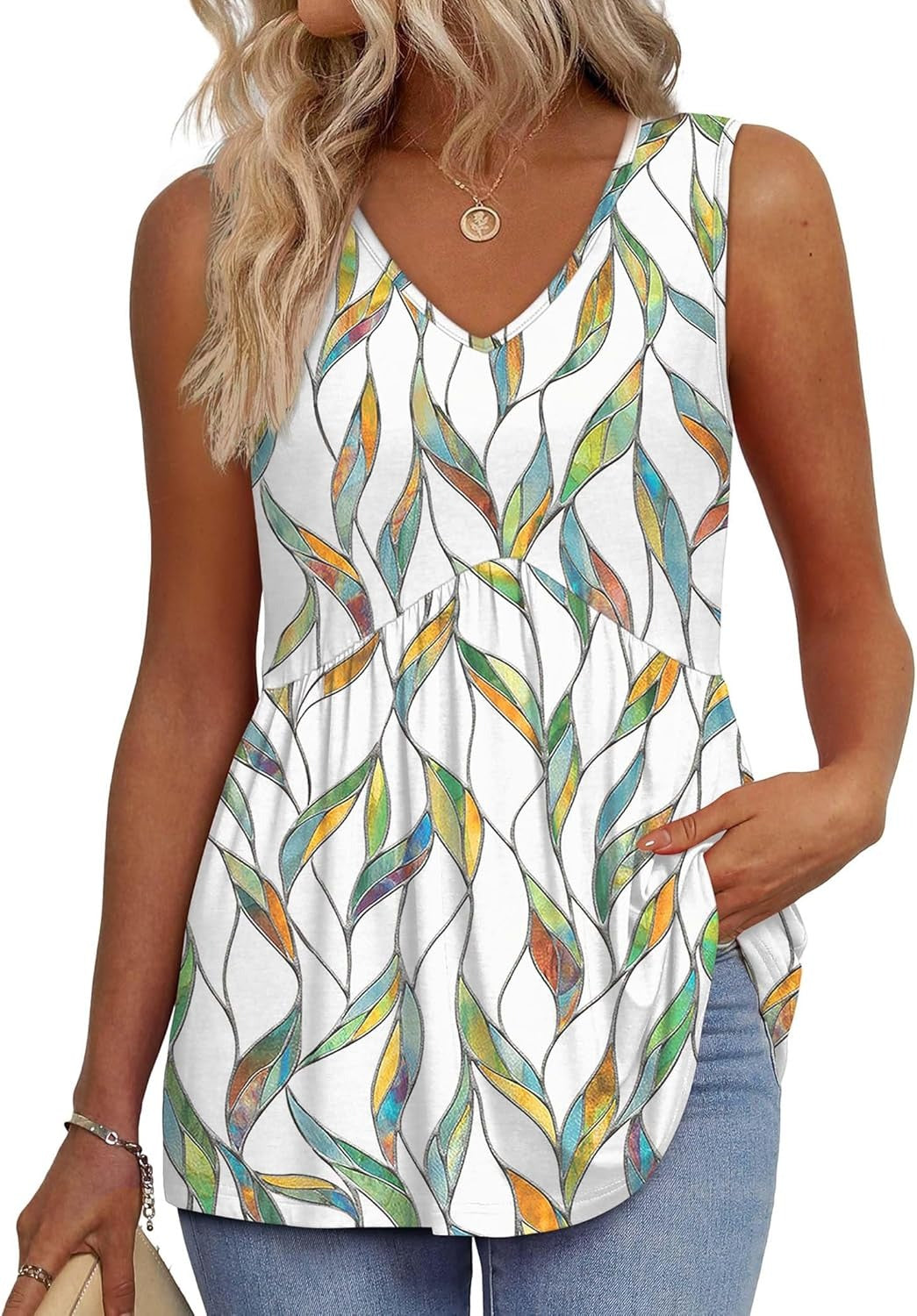 Women's Print Flowy Sleeveless V Neck Peplum Tank Tops