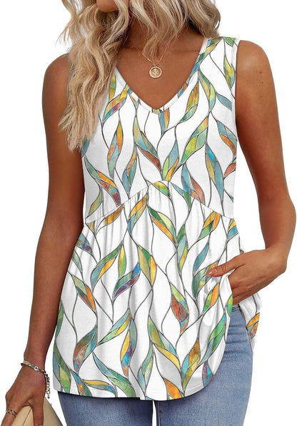 Women's Print Flowy Sleeveless V Neck Peplum Tank Tops