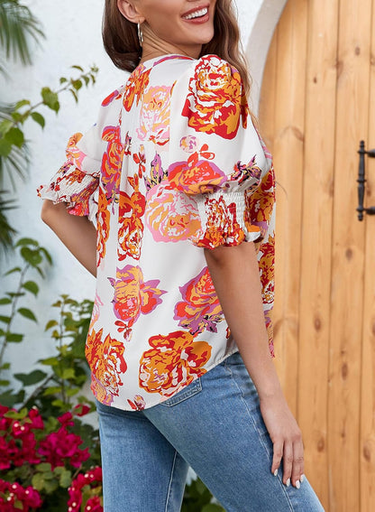 Floral V-Neck Puff Sleeve Blouse