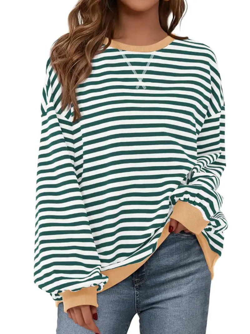Womens Striped Oversized Sweatshirt Color Block Long Sleeve Top