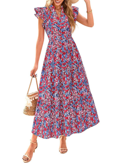 Women's Boho Print V Neck Ruffle Maxi Dress
