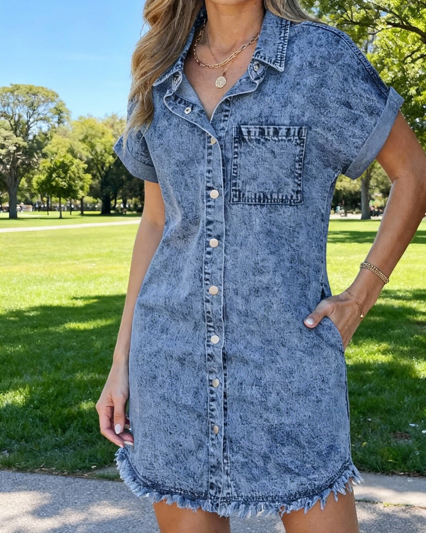 Women's Button Down Frayed Hem Denim Shirt Dresses