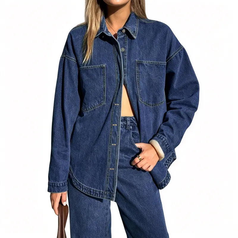 Women Vintage Washed Denim Shacket Long Sleeve Oversized Shacket