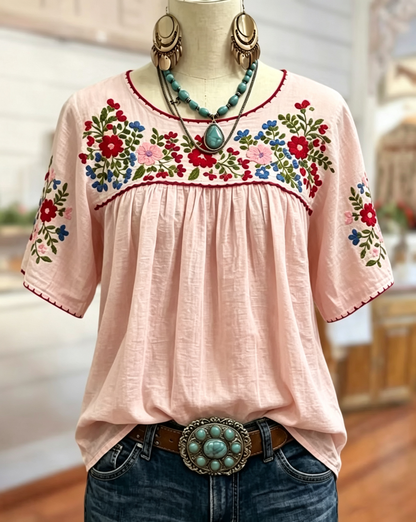 Floral  Loose Gathered Scoop Neck Short Sleeve Blouse
