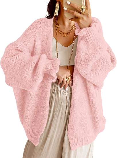 Women Oversized Open‑Front Knit Cardigan Long Balloon Sleeve Loose Sweater Coat
