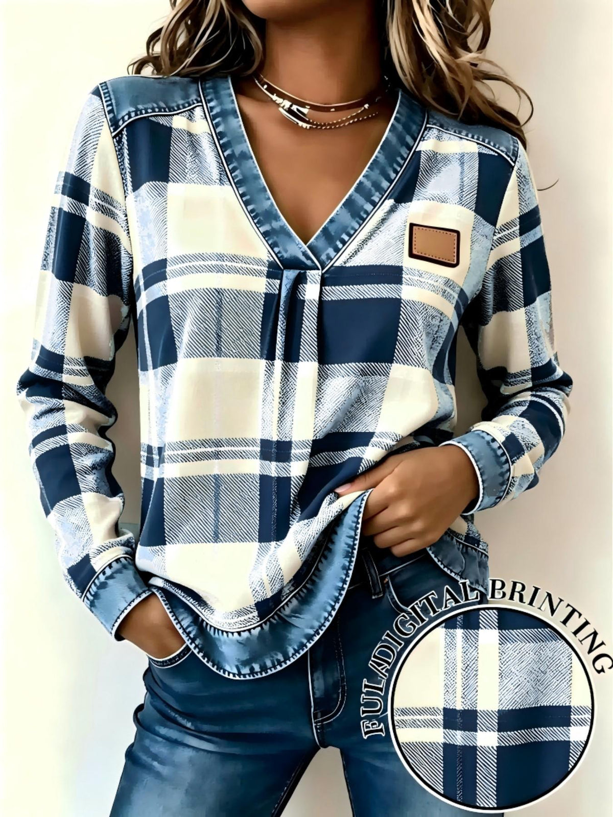 Women's Fake Denim Patchwork Print V Neck Top