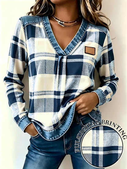 Women's Fake Denim Patchwork Print V Neck Top