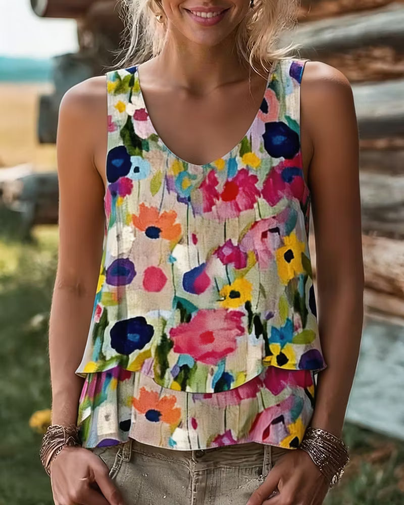 Floral Print Sleeveless Urban Tiered T-Shirt