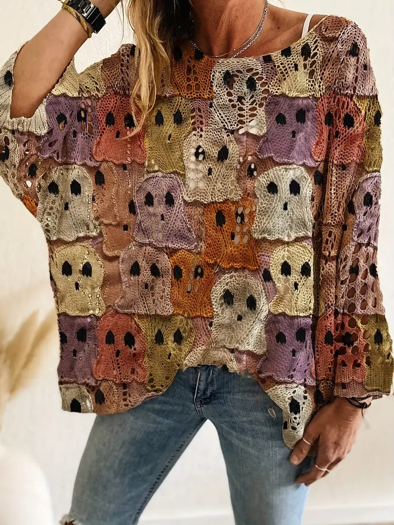Halloween Crew Neck Pumpkin Loose Fit Long Sleeve Cutout Sweater